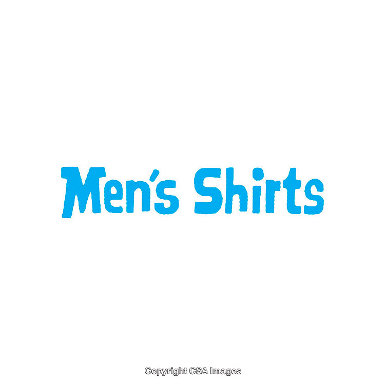 Blue Stylized Text on White Background Advertising Men's Shirts