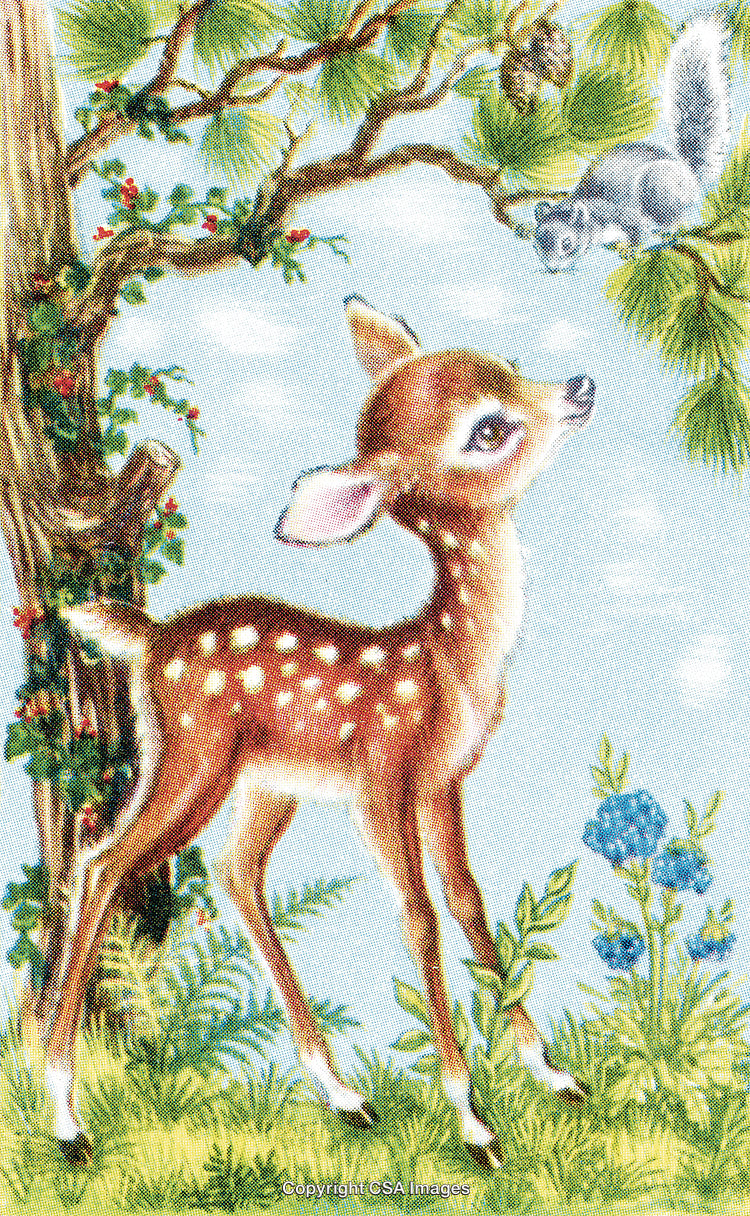 Charming Woodland Scene with Deer and Squirrel Among Trees and Blooms