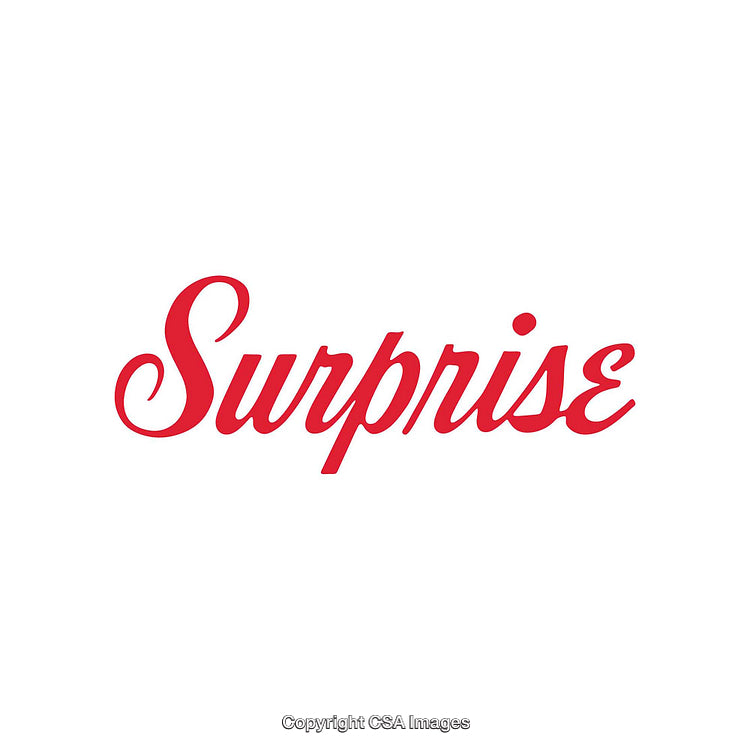 Stylized Red Text Inscription of 'Surprise' Isolated on White Background