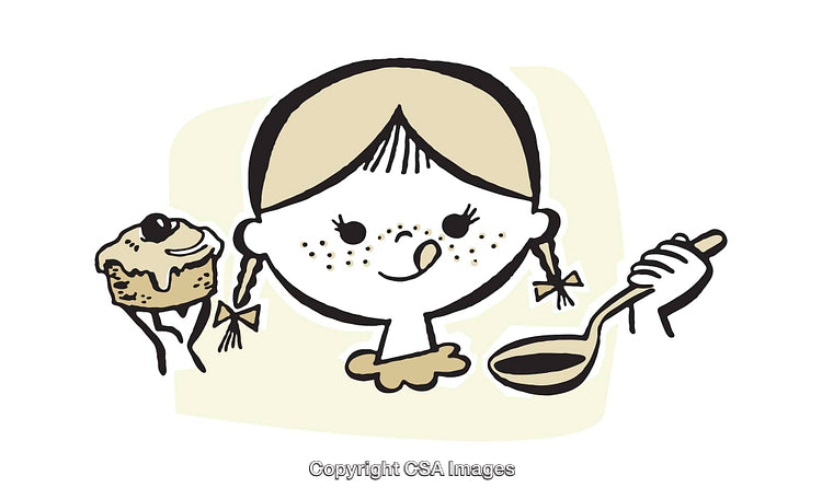 Cute Illustration of a Girl Holding a Spoon and a Dessert Cupcake