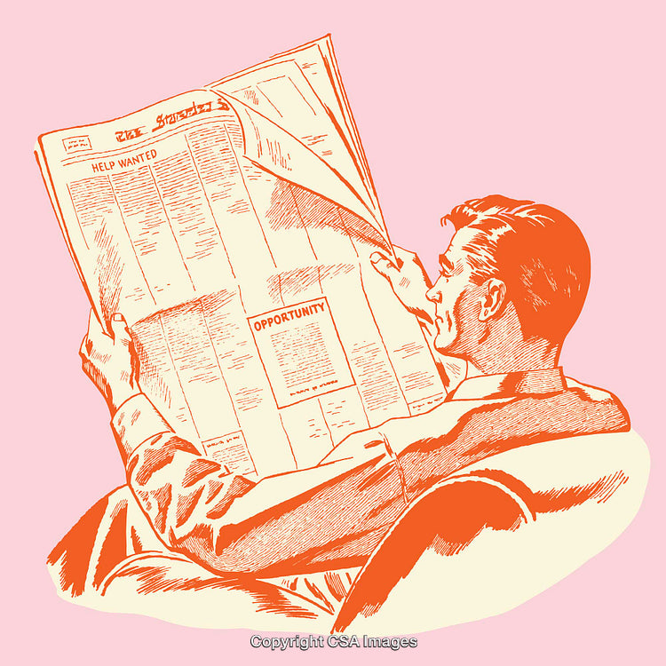 Vintage-Style Illustration of a Man Reading a Newspaper About Job Opportunities