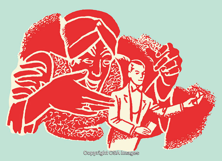 Colorful Illustration of a Mysterious Manipulator Controlling a Suave Gentleman Puppet