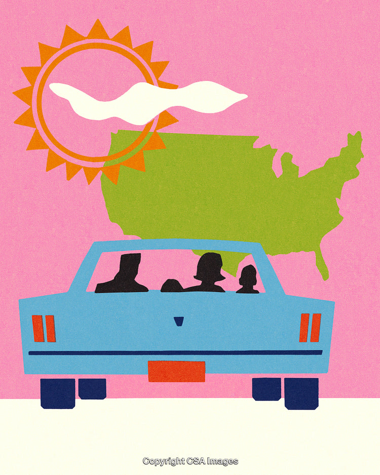 Family Road Trip Across America With Map and Sun Illustrations