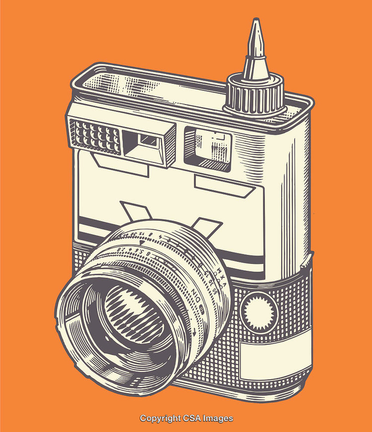 Vintage Style Illustration of a Retro Camera on Orange Background