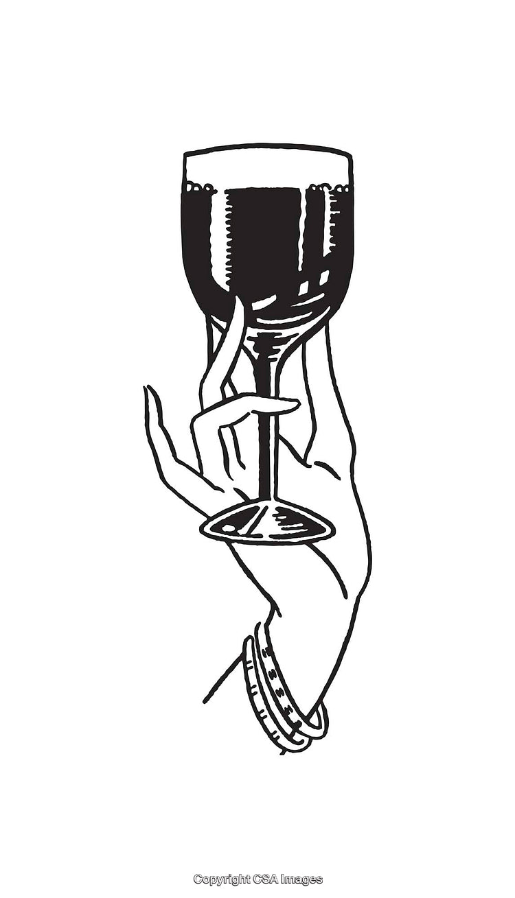 Black and White Line Art of Hand Holding a Wine Glass