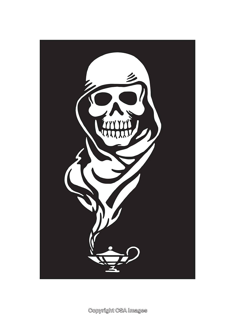 Black and White Illustration of a Skull Emerging from a Magical Lamp