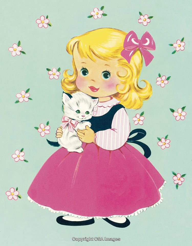 Adorable Girl Holding Puppy with Flower Patterned Background in Vintage Style