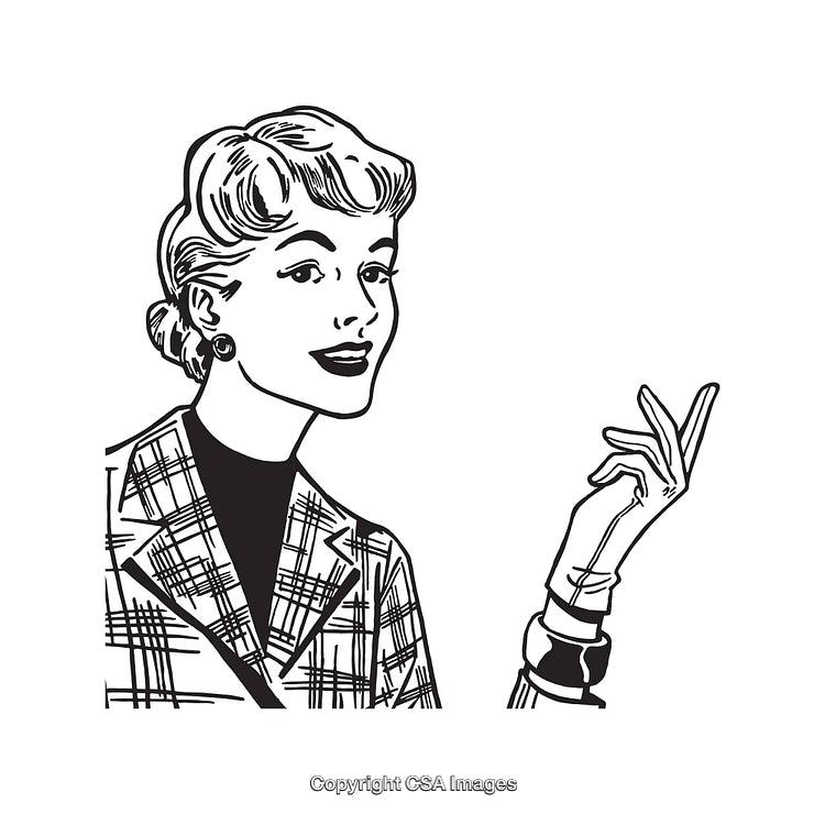 Vintage Line Art Illustration of a Smiling Woman in Plaid Outfit