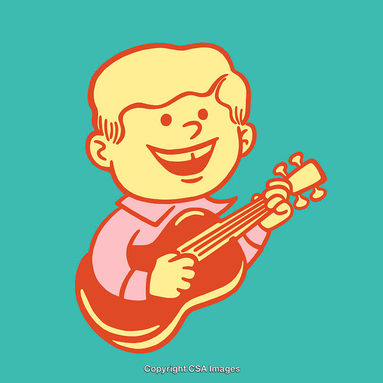 Cheerful Cartoon Illustration of Boy Playing Ukulele on Color Background