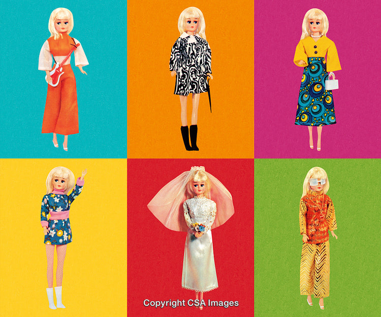 Retro Styled Pop Art Depiction of Vintage Dolls in Fashionable Outfits
