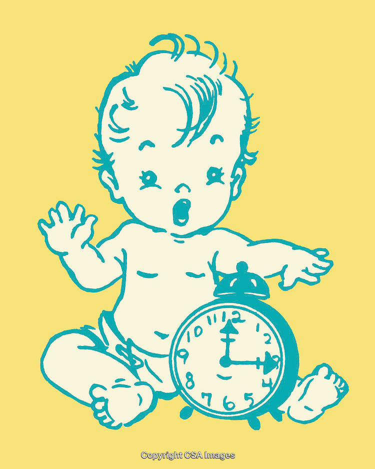 Vintage Style Baby Illustration With Alarm Clock on Bright Background