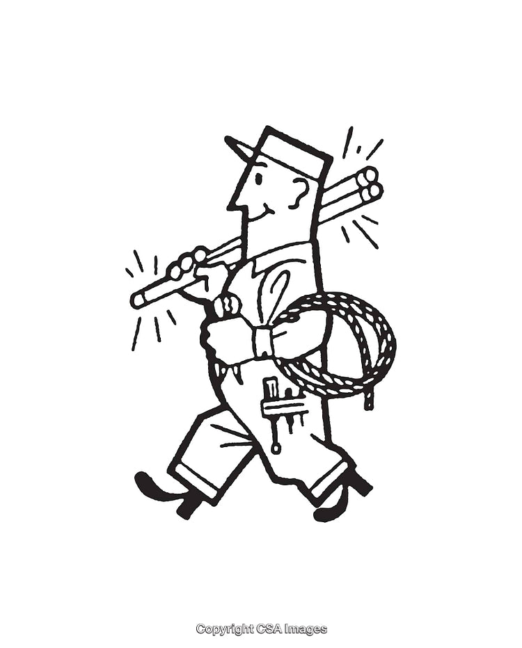 Line Art Illustration of a Worker Carrying Tools and Rope