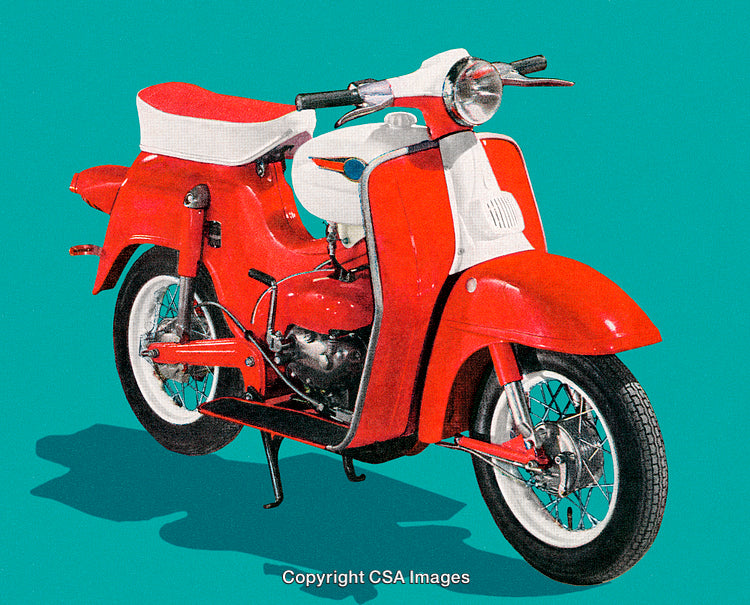 Classic Red Retro Scooter on Vibrant Teal Background with Vintage Aesthetic