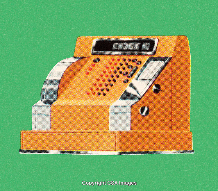 Vintage Style Orange Cash Register Isolated on Green Background