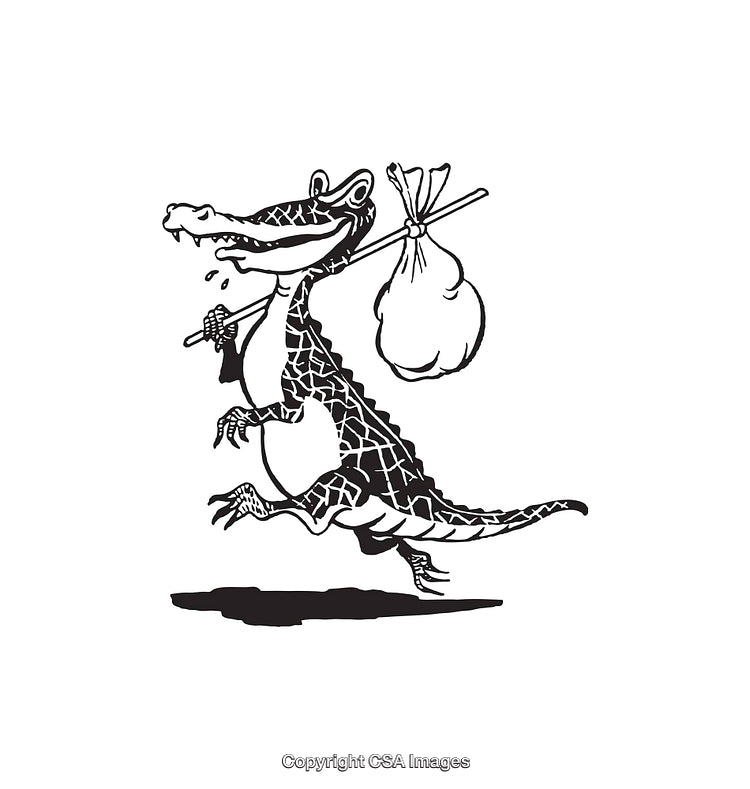 Black and White Artistic Illustration of a Cartoon Alligator with Sack