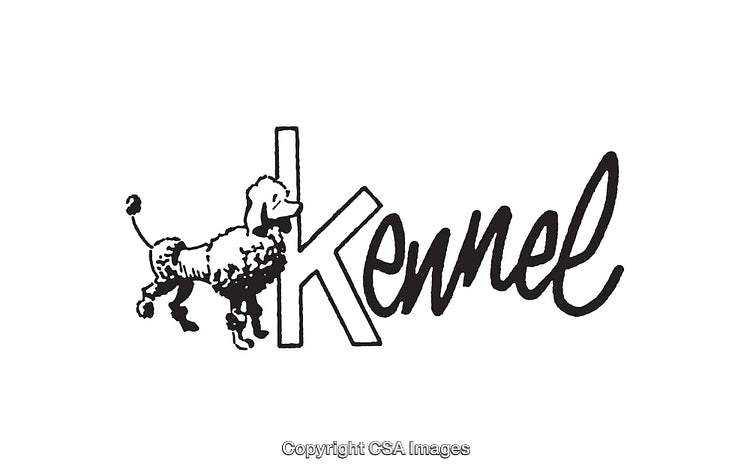 Black and White Line Art of a Poodle and Stylized Kennel Text