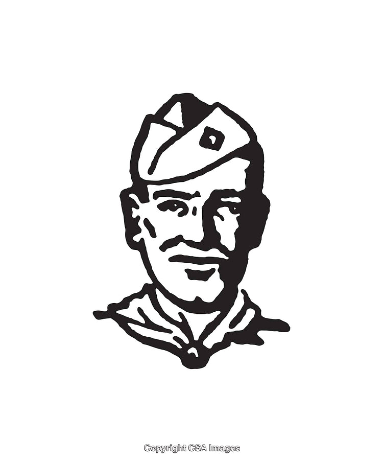 Black and White Line Art Illustration of Soldier in Cap