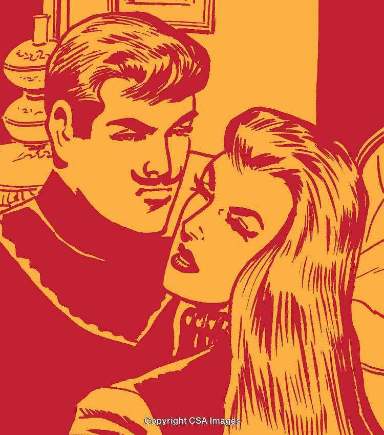 Vintage Comic Style Illustration of Romantic Couple in Close Embrace