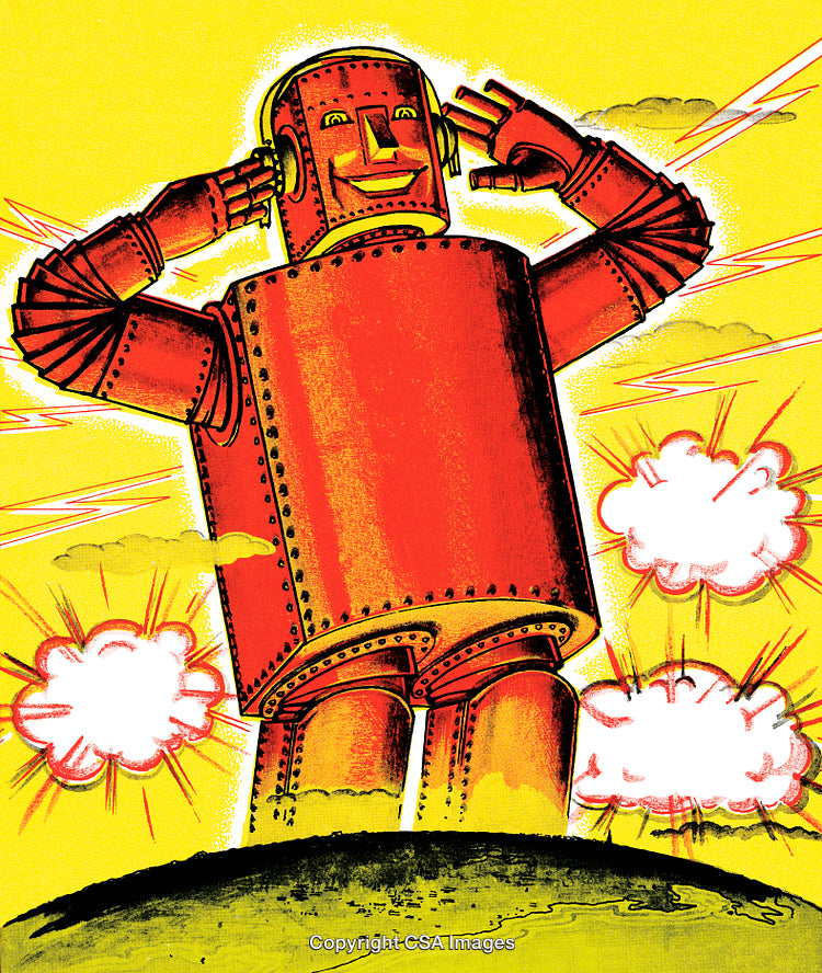 Retro Robot Illustration with Bright Colors on a Dynamic Background