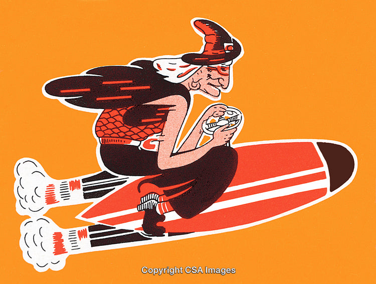 Vintage Halloween Illustration Featuring a Playful Witch on a Rocket