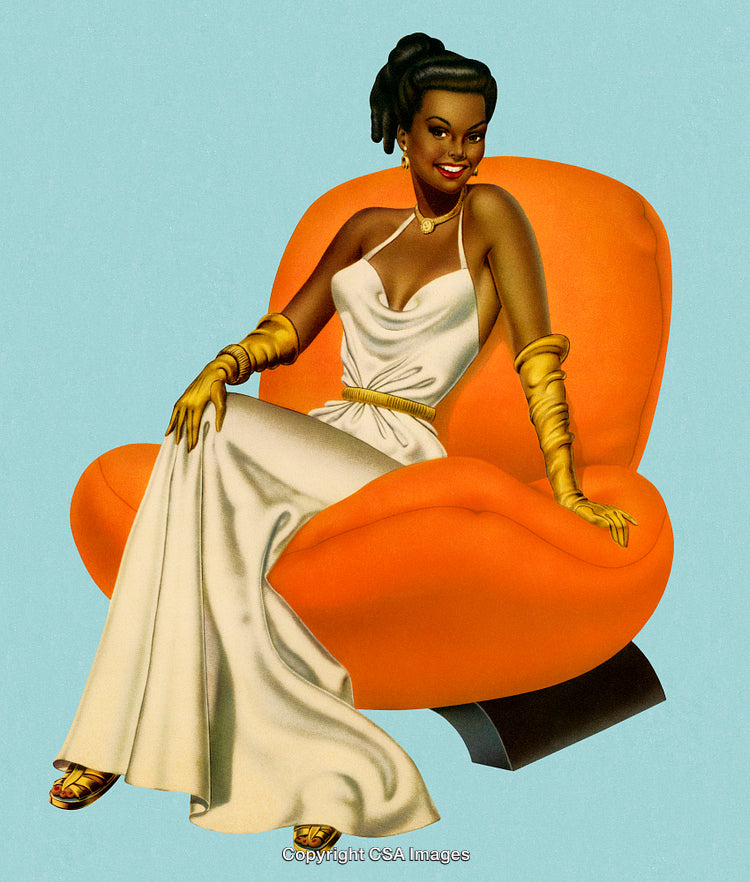 Elegant Woman in White Gown Relaxing on Orange Lounge Chair