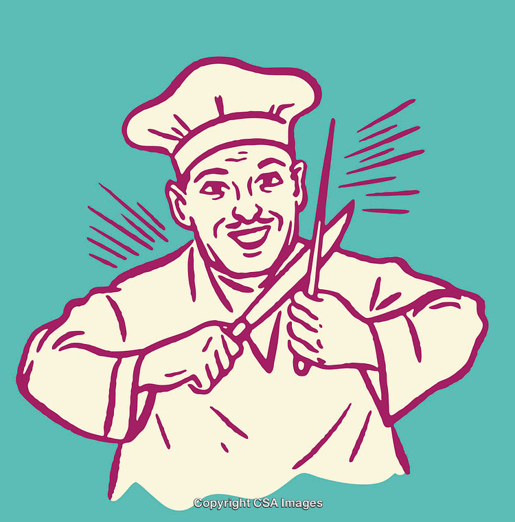 Cartoon Chef Sharpening a Knife with a Dynamic and Cheerful Expression