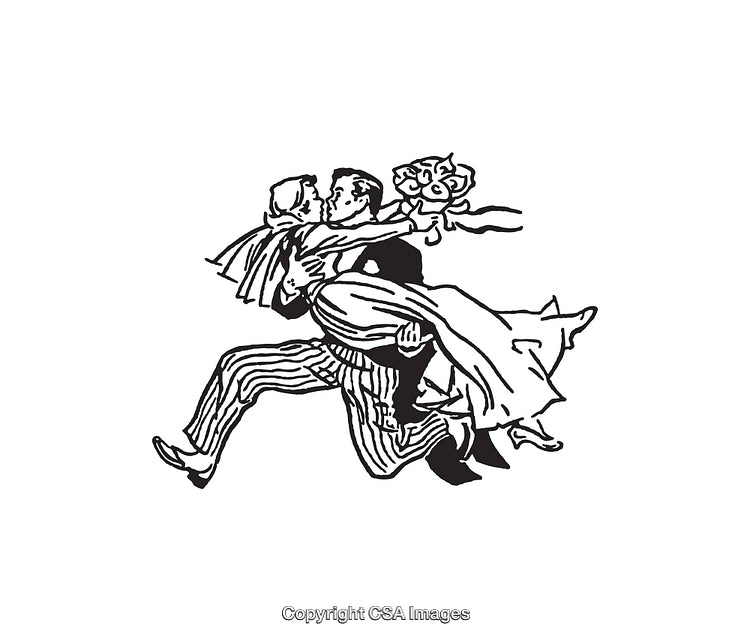 Black and White Illustration of Wedding Couple Running Together