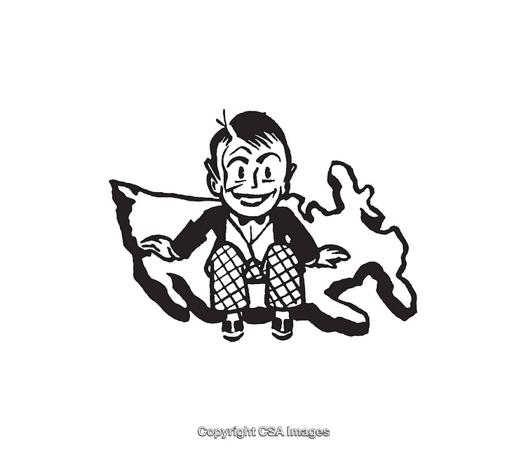 Black and White Line Art Cartoon Character Sitting Against Map Outline