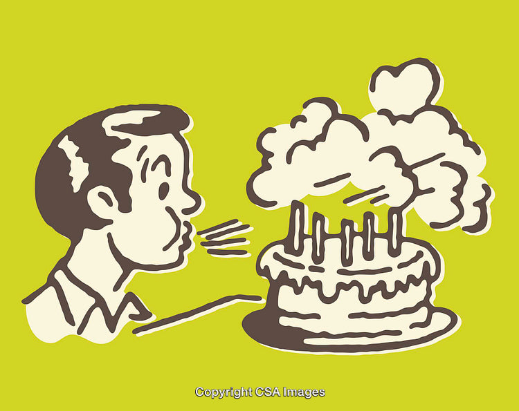 Retro Illustration of Birthday Cake Being Blown Out by a Person