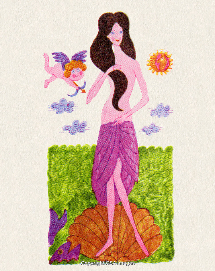 Illustration of Goddess Venus with Cupid and Shell in Vibrant Colors
