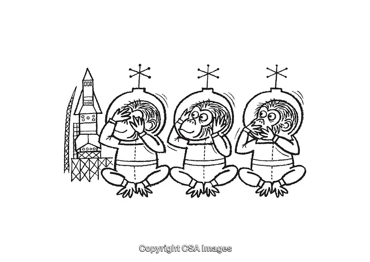 Illustration of Three Monkeys in Space Suits with Rocket Line Art