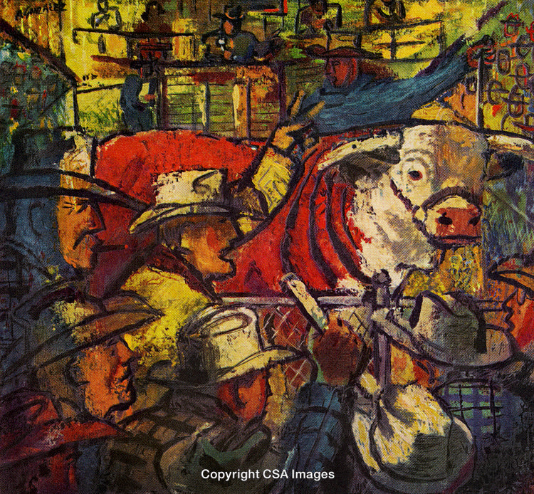 Vivid Artistic Depiction of a Livestock Auction Scene With Participants