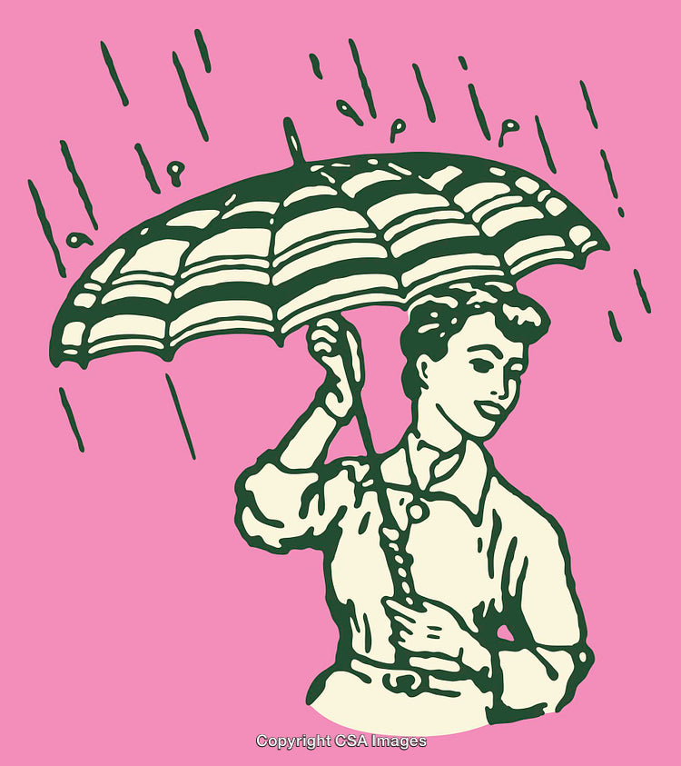 Retro Line Art Illustration of Woman With Umbrella in Rain