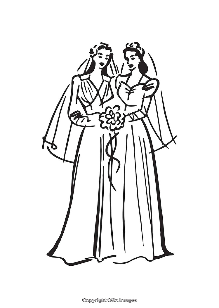 Vintage Black and White Line Art of Two Brides Holding Hands