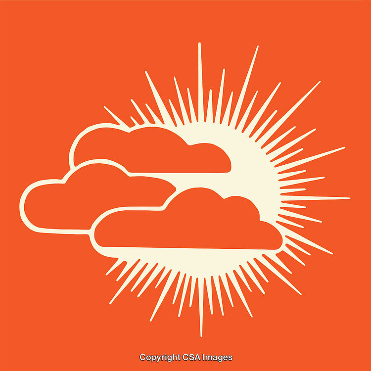 Bright Sun and Clouds Line Art Illustration in Orange Background