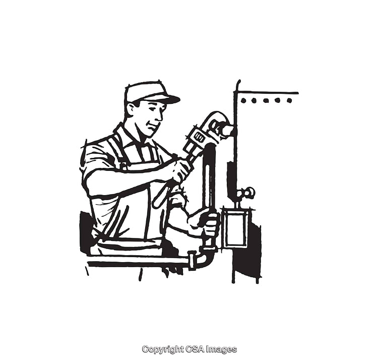Black and White Illustration of a Tradesman Using a Wrench on Equipment