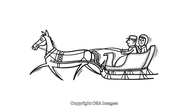 Black and White Line Art of a Horse-Drawn Sleigh with Riders