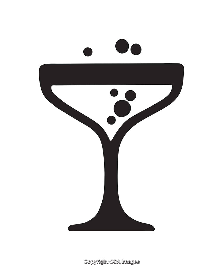 Black and White Champagne Glass Icon with Bubbles