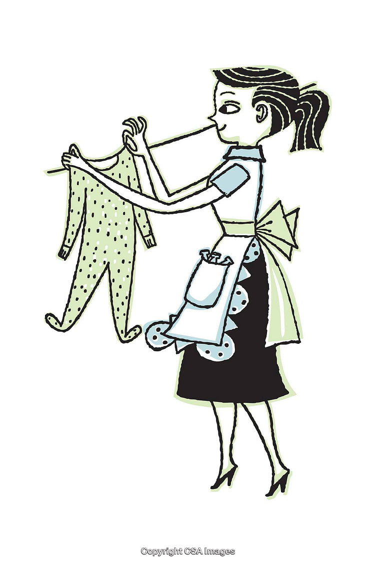 Whimsical Illustration of Woman Holding Clothing with Vintage Style