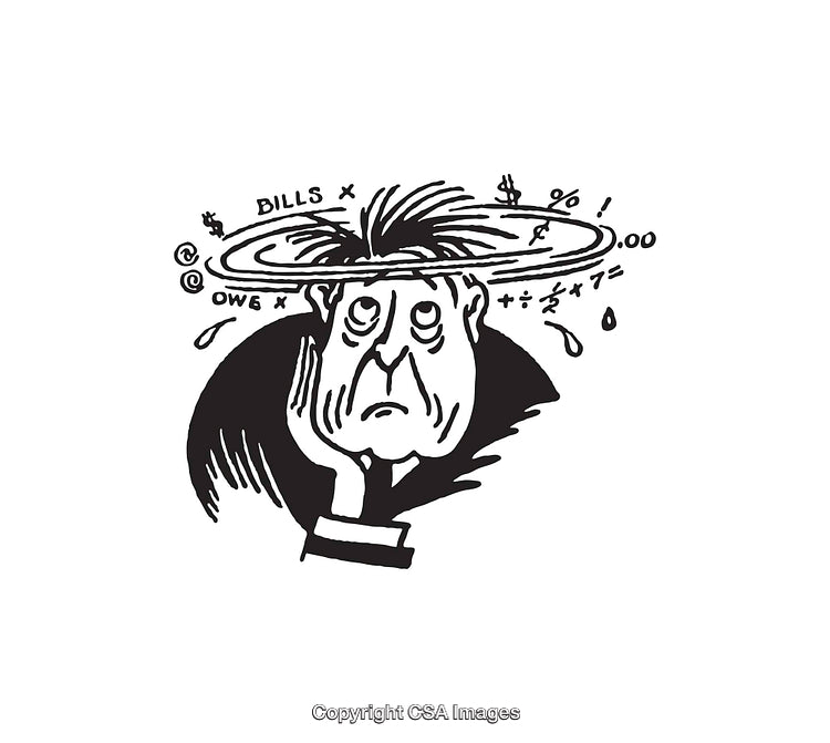 Black and White Illustration of a Frustrated Person in Financial Stress