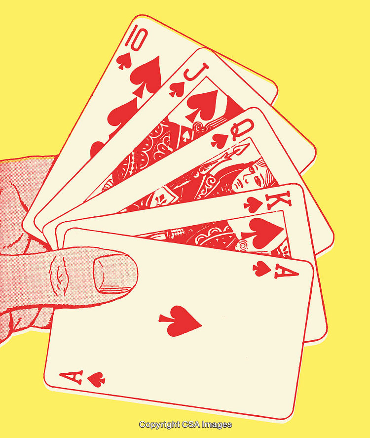 Hand Displaying a Royal Flush on a Yellow Background in Line Art Style
