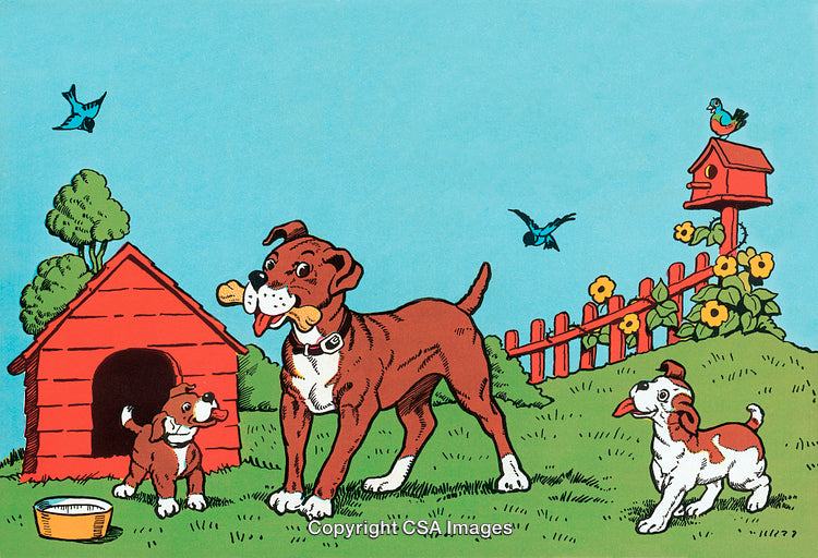 Playful Dogs and Puppies in a Colorful Backyard Scene with Birds
