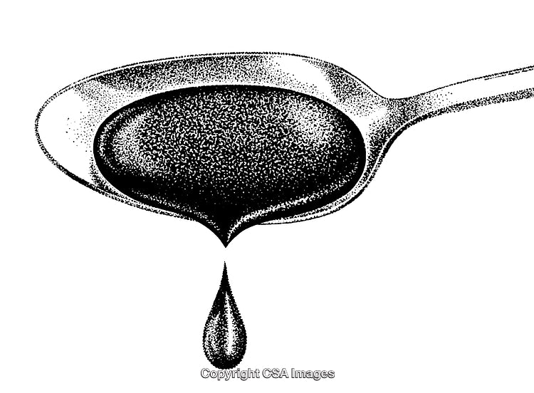 Detailed Black and White Engraving of a Spoon Dripping Liquid