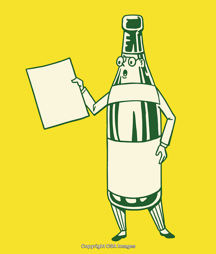 Cartoon Bottle Character in Yellow Background Holding a Piece of Paper