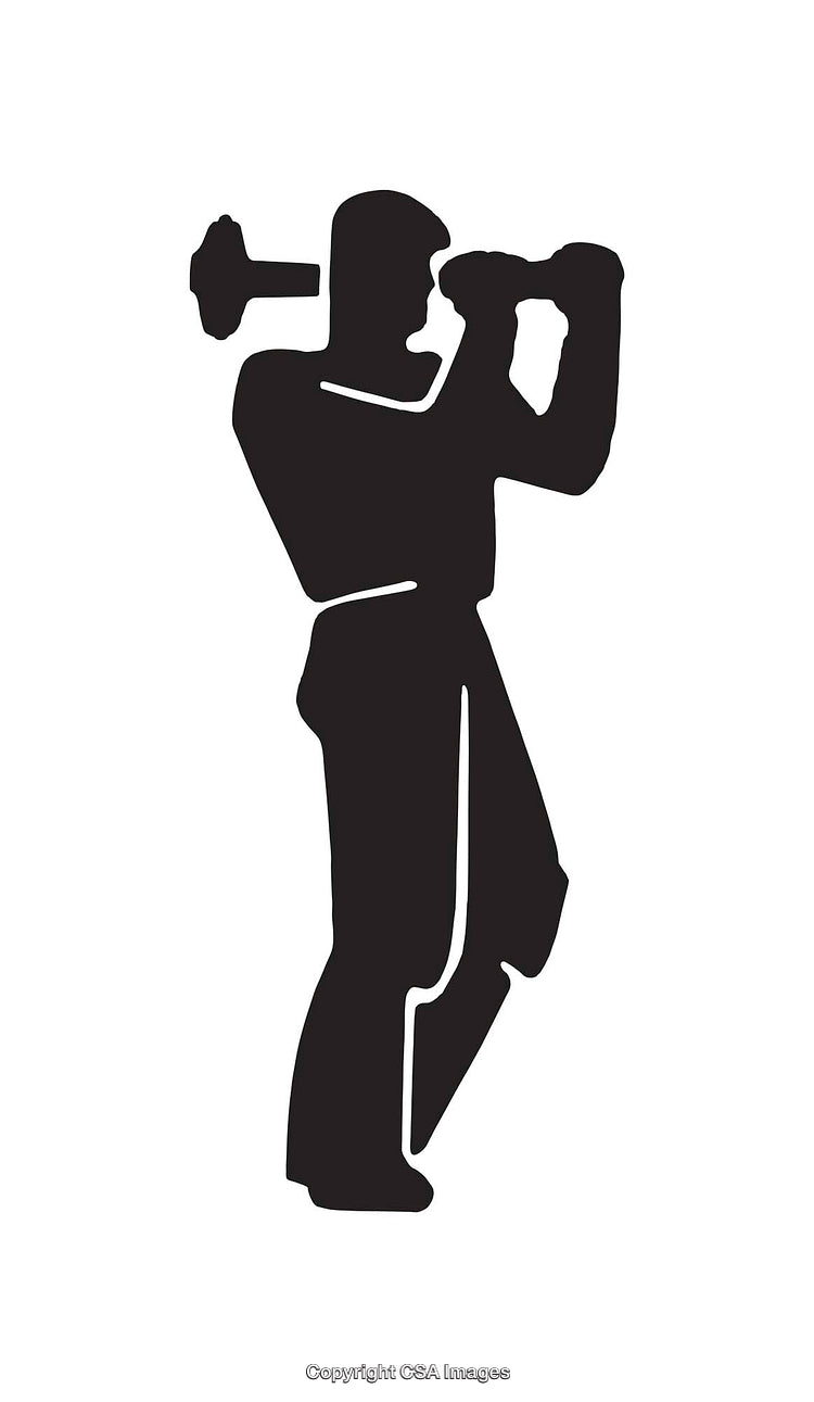 Silhouette of a Worker Holding a Hammer in Black and White