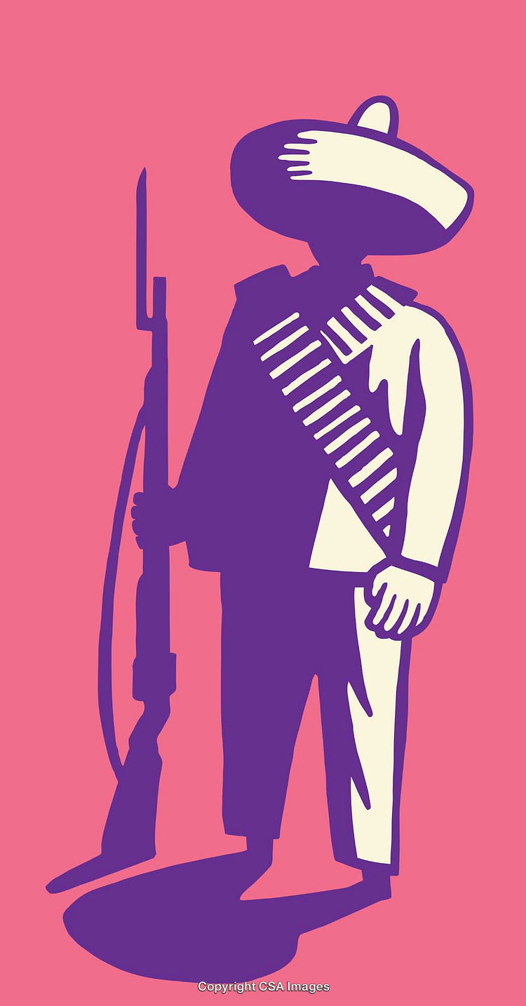 Colorful Line Art Illustration of a Soldier with Traditional Hat and Rifle