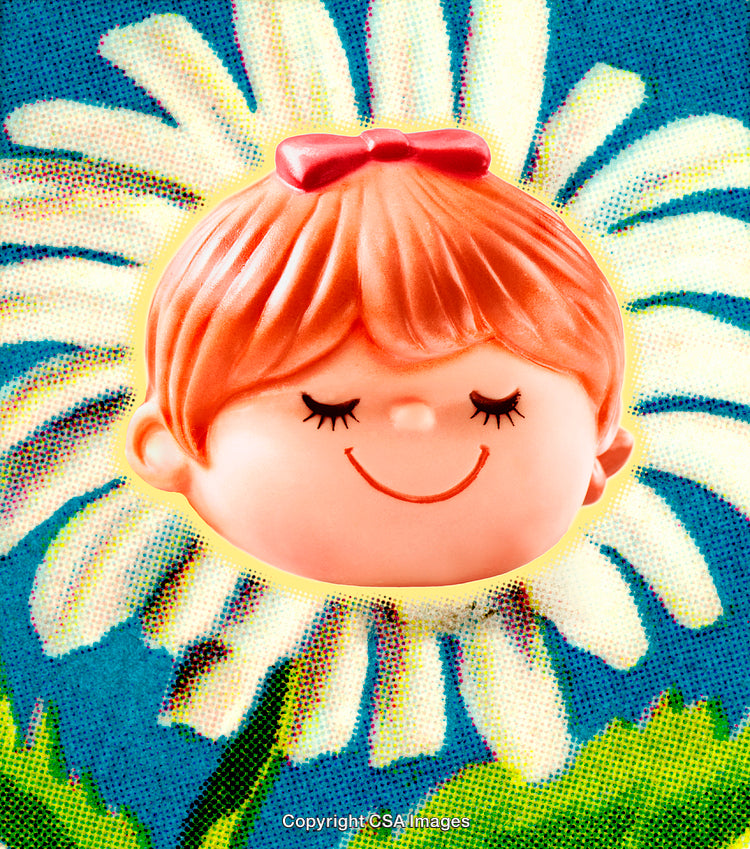 Smiling Toy Figure with Flower Background in Vibrant Colors