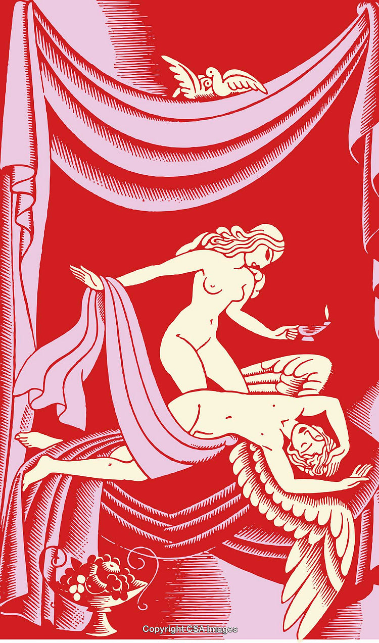 Mythical Scene Depicting Psyche and Eros in Line Art Style