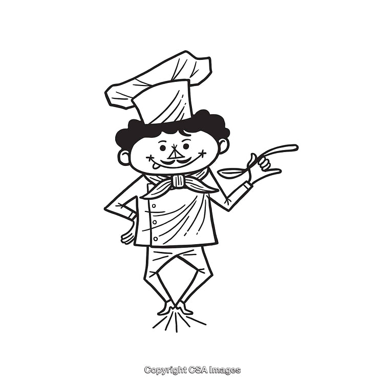 Black and White Cartoon Line Art of a Chef Character