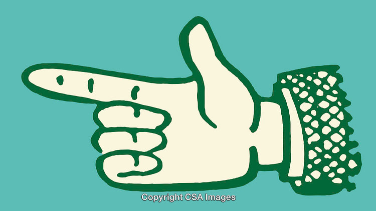 Vintage Style Color Illustration of a Pointing Hand on Turquoise Background
